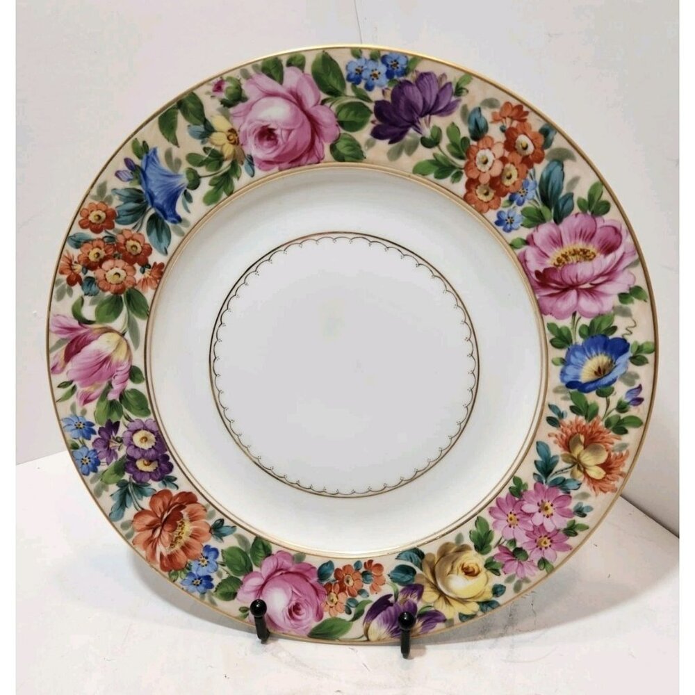 Vintage Handpainted Dresden Colorful Floral Dinner Plate 10.5" Gold Trim Rare